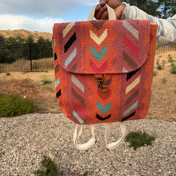 Handbags - Orange Teal Tribal Print Arrow Cotton Backpack